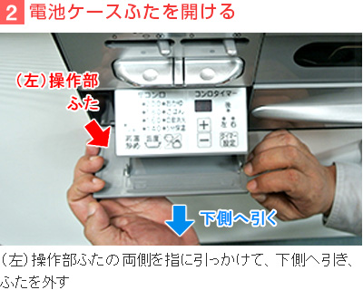 2）電池ケースふたを開ける